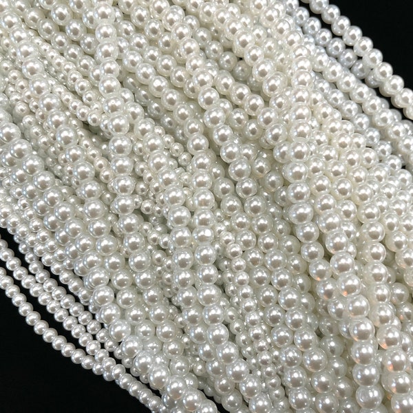 50 pcs Glass Pearl Beads for Jewelry Making, 4mm 6mm Round White Pearls, Smooth High Quality Finish, Bulk Wedding Bridal, 0.8 mm Hole