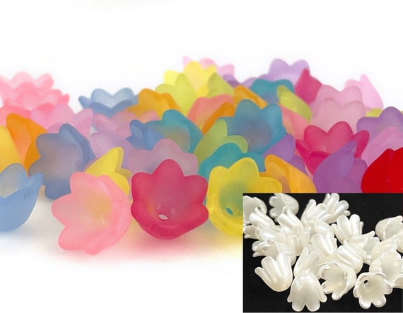 50Pcs Flower Bead Caps for Jewelry Making, Assorted Colorful Frosted Floral 9 x 6mm, White Pearl Lily of Valley, Blue Pink Green Purple