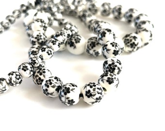 50 pcs Black & White Porcelain Beads for Jewelry Making, 6mm 8mm 10mm 12mm Floral Ceramic Round, Chinoiserie Rosary Bracelet, 1.5mm Hole
