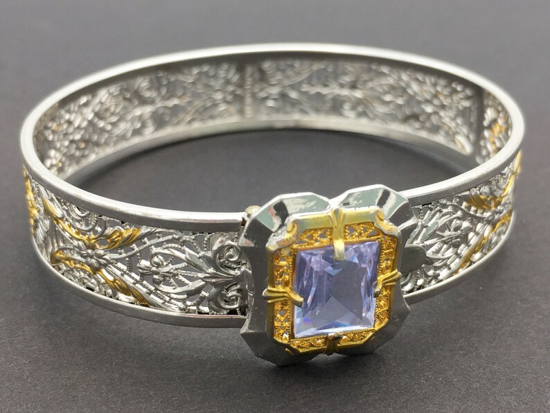 Vintage Gatsby Bracelet Purple Rhinestone Bangle 1930s Art Deco Jewelry Silver Gold Cuff JJ White Filigree Bracelet Art Deco Bracelet