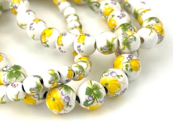 50 pcs Yellow Porcelain Beads for Jewelry Making, 6mm 8mm 10mm 12mm Floral Ceramic Round, Green White, Chinoiserie Flower, Rosary 1.5mm Hole