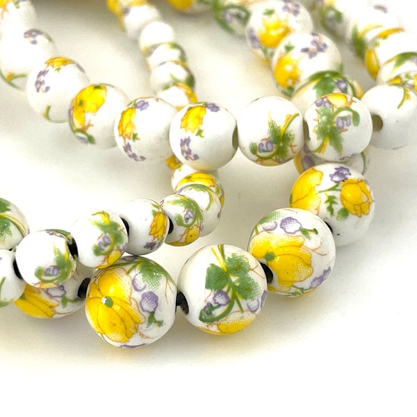 50 pcs Yellow Porcelain Beads for Jewelry Making, 6mm 8mm 10mm 12mm Floral Ceramic Round, Green White, Chinoiserie Flower, Rosary 1.5mm Hole