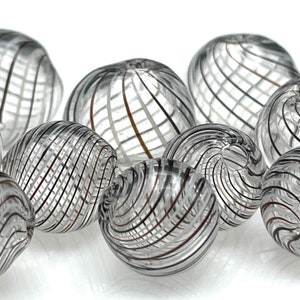 5 Pcs Brown & White Glass Bubble Beads, Hand Blown Hollow Lightweight Beads, Murano Style Twisted Black Stripe, Unique Globes, Two Holes 1mm