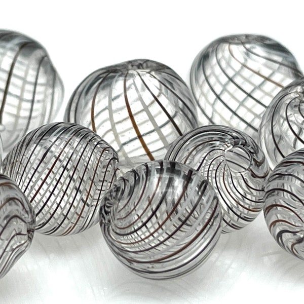 5 Pcs Brown & White Glass Bubble Beads, Hand Blown Hollow Lightweight Beads, Murano Style Twisted Black Stripe, Unique Globes, Two Holes 1mm