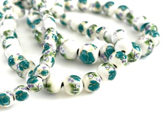 50 pcs Green Floral Porcelain Beads for Jewelry Making, 6mm 8mm 10mm 12mm Ceramic Flower Rounds, Chinoiserie, Bracelet Rosary, 1.5mm Hole