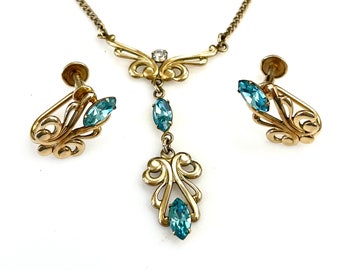 Simmons Rhinestone Jewelry Set for Women, 30s Art Deco Necklace and Screw Back Earrings, Gold Filled with Aqua Blue Open Back Stones