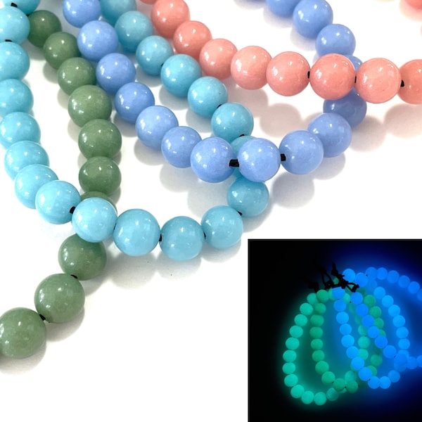 25 Pcs Glow in the Dark Beads for Jewelry Making, 8mm Luminous Shiny Stone Rounds, Blue Green Pink, Friendship Bracelet, 1mm Hole CGLOS