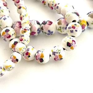 50 Pcs Floral Porcelain Beads for Jewelry Making, 6mm 8mm 10mm 12mm Ceramic Rounds, Pink Purple Yellow Gold, Rosary Chinoiserie, 1.5mm Hole