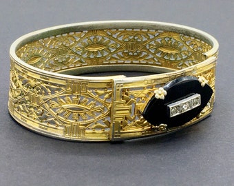 30s Art Deco Bracelet for Women, Vintage Mourning Jewelry, Gold Filigree Hinged Bangle, Plainville Stock Co, Rhinestone Oval Black Onyx Cuff