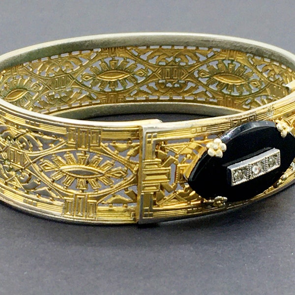 30s Art Deco Bracelet for Women, Vintage Mourning Jewelry, Gold Filigree Hinged Bangle, Plainville Stock Co, Rhinestone Oval Black Onyx Cuff