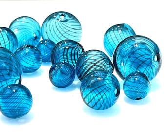 5 Pcs Blue Glass Bubble Beads for Jewelry, Hand Blown Hollow Globes, 10mm 12mm 14mm 16mm 20mm Narrow Spirals, Unique Balloons, Two Holes 1mm