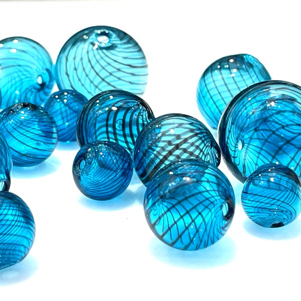 5 Pcs Blue Glass Bubble Beads for Jewelry, Hand Blown Hollow Globes, 10mm 12mm 14mm 16mm 20mm Narrow Spirals, Unique Balloons, Two Holes 1mm