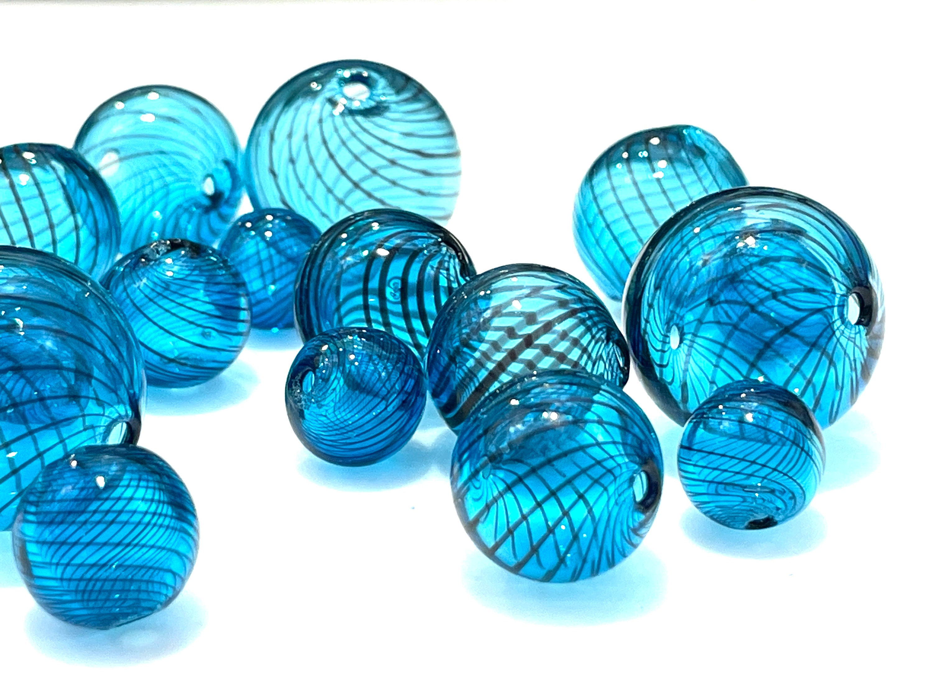 5 Pcs Blue Glass Bubble Beads for Jewelry, Hand Blown Hollow Globes, 10mm  12mm 14mm 16mm 20mm Narrow Spirals, Unique Balloons, Two Holes 1mm 