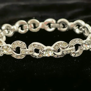 50s Ledo Rhinestone Bracelet for Women, Vintage Costume Jewelry, Silver Links, 7&quot; Long, Art Deco Style, Rhodium Plated with Clear Stones