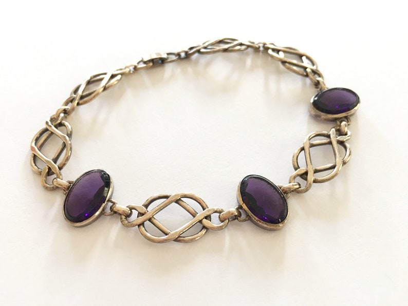 Art Deco Bracelet, 30s Art Deco Jewelry, Vintage Jewelry, Purple Rhinestone Bracelet, Simmons Jewelry, Gold Filled, Glass Stone, Open Set image 1