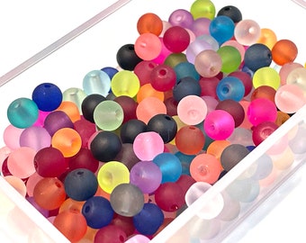 50 Pcs Assorted Frosted Glass Beads for Jewelry Making, 6mm Blue Pink Green Red Orange Purple Clear Black Round Cultured Sea Glass, 1mm Hole