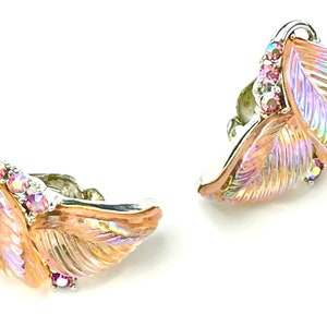 Pink Vintage Earrings, 60s Vintage Jewelry, Rhinestone Jewelry, Silver Clip On Earrings, Glass Leaves, Ear Climbers, Rhinestone Earrings