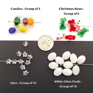 May include: A collection of glass beads in various shapes and colors. The image includes candy-shaped beads, Christmas bow-shaped beads, clear star-shaped beads, and white oval-shaped beads. The text in the image reads "Candies - Group of 5", "Christmas Bows - Group of 6", "Stars - Group of 10", and "White Glass Ovals - Group of 10".