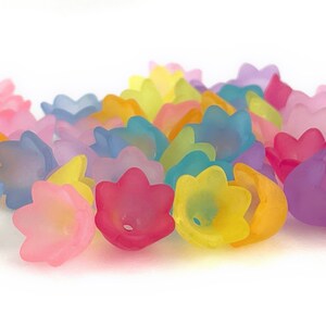 May include: Assortment of colorful translucent flower-shaped beads. The beads are made of plastic and have a frosted finish. The colors include pink, blue, yellow, purple, and red.