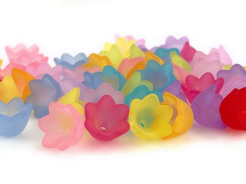May include: Assortment of colorful translucent flower-shaped beads. The beads are made of plastic and have a frosted finish. The colors include pink, blue, yellow, purple, and red.