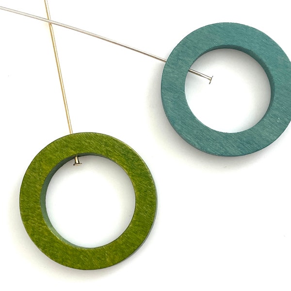 10Pcs Wood Circle Pendant for Jewelry Making, 30mm Wooden Hoop, Stained Green Blue, Open Ring or Donut, Earring Necklace, Top Drilled Charm