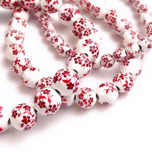 50 pcs Red & White Porcelain Beads, 6mm 8mm 10mm 12mm Floral Chinoiserie, Ceramic Round Bracelet Beads, Holiday Craft Supplies, 1.5mm Hole