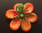 Hattie Carnegie Brooch, 60s Vintage Jewelry, Enamel Jewelry, Vintage Brooch Flower Pin, Carnegie Jewelry, Enamel Brooch, Orange Green Floral