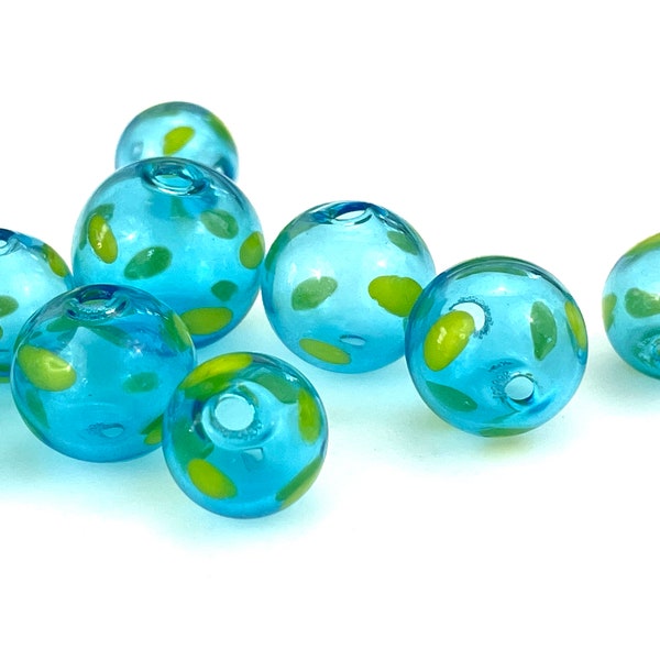5 Pcs Hollow Glass Beads, Hand Blown Blue Bubbles w/ Yellow Green Polka Dots, Unique Lampwork 12mm 14mm 16mm Round Globes, Two Holes 1mm-2mm