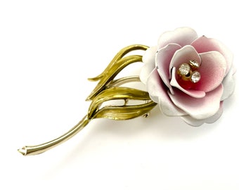 Coro Floral Brooch for Women, 50s Vintage Jewelry, 3.5" Large Gold Floral Pin with Pink and Green Enamel and Clear Rhinestones, Boutonnière