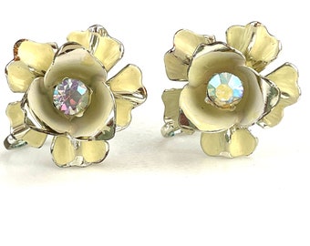 Coro Floral Earrings for Women, 60s Vintage Jewelry, Small Flower Earrings with Cream Enamel & AB Rhinestones, Bright Gold Screw Back Design