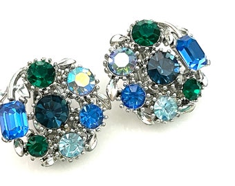 60s Blue & Green Rhinestone Earrings for Women, Lisner Vintage Costume Jewelry, 1" Circle Silver Clip On Floral Earrings, Cushion Cut Stones