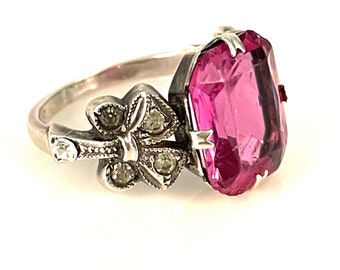 Vintage Art Deco Ring for Women, Large Pink Open Back Stone, Marked Sterling Silver Band with Clear Rhinestones, Size 5.75 US Pinky Ring