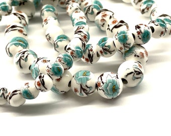 50 pcs Blue Flower Porcelain Beads for Jewelry Making, 6mm 8mm 10mm Floral Ceramic Rounds, Chinoiserie Rosary Bracelet, Lotus Design CCBBLo