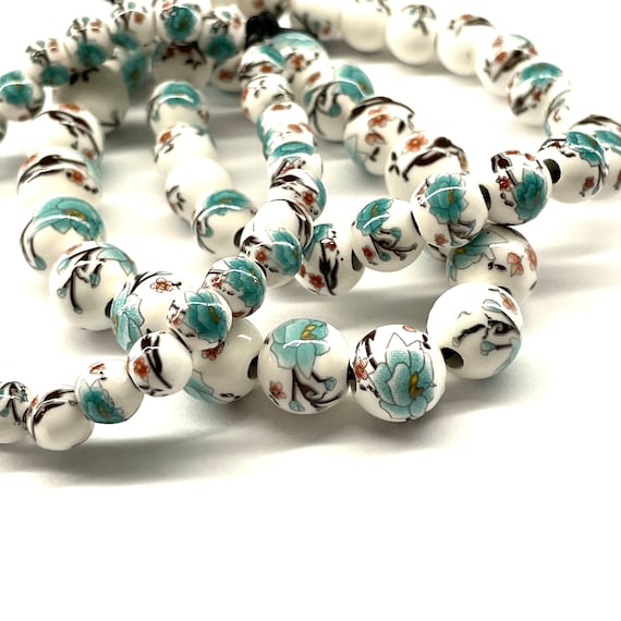 50 pcs Blue Flower Porcelain Beads for Jewelry Making, 6mm 8mm 10mm Floral Ceramic Rounds, Chinoiserie Rosary Bracelet, Lotus Design CCB-BLo