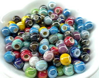 50 pcs Colorful Ceramic Beads for Jewelry Making, 6mm Shiny Porcelain Rounds, Iridescent Pearlized Glaze, Friendship Bracelet, 2mm Hole