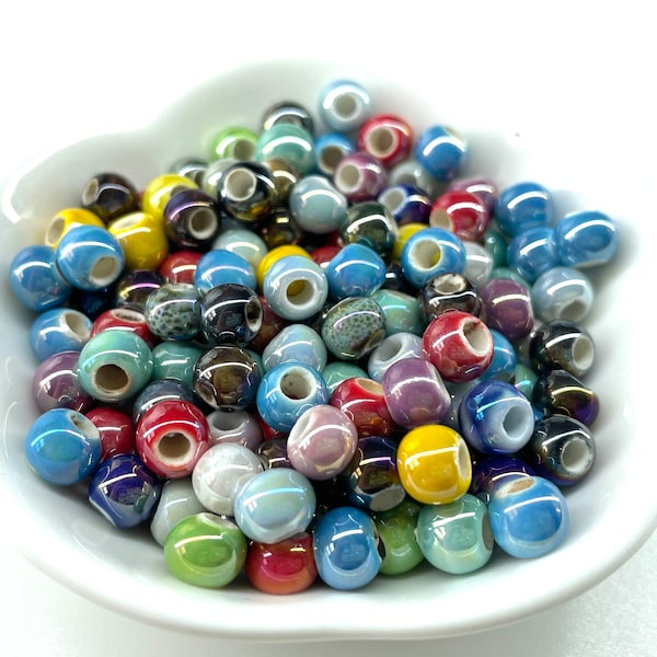 50 pcs Colorful Ceramic Beads for Jewelry Making, 6mm Shiny Porcelain Rounds, Iridescent Pearlized Glaze, Friendship Bracelet, 2mm Hole