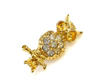 Vintage Rhinestone Owl Brooch, Gold Tone Animal Figural Pin