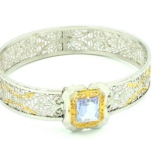 1930s Art Deco Bracelet, Vintage Jewelry, JJ White Filigree Bangle, Purple Rhinestone, February Birthstone, Silver Gold Cuff, Gatsby Style