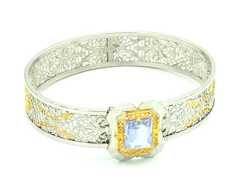 Vintage Gatsby Bracelet Purple Rhinestone Bangle 1930s Art Deco Jewelry Silver Gold Cuff JJ White Filigree Bracelet Art Deco Bracelet