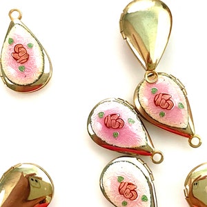 Tiny Gold Locket for Jewelry Making, Vintage Teardrop Gold Charm or Pendant, Pink Floral Enamel Medallion, 15mm x 10mm, Sweet Keepsake