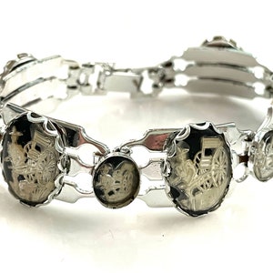 50s Glass Intaglio Bracelet for Women, Vintage Costume Jewelry, 7&quot; Silver Link Setting w/ Reverse Carved Black Glass Cabochons, Asian Figure