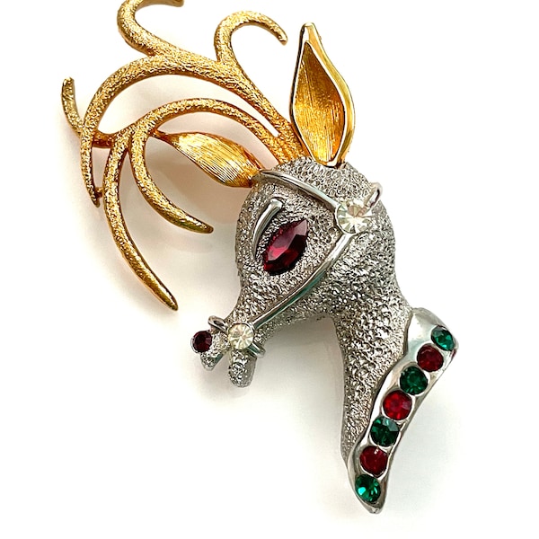 70s Tancer II Reindeer Pin for Women, Vintage Costume Jewelry, Red Green Rhinestone Christmas Brooch, 3" Silver Gold Pin with Antlers