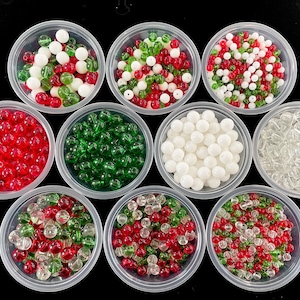 50 Pcs Assorted Christmas Beads for Jewelry Making, 8mm 6mm 4mm Red Green Clear White Bead Mix, Glass Rounds, Holiday Xmas Ornament 1mm Hole