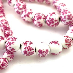 50 pcs Pink & White Porcelain Beads for Jewelry Making, 6mm 8mm 10mm 12mm Round Flower Ceramic Beads, Floral Chinoiserie, 1.5mm Hole CCBPCA