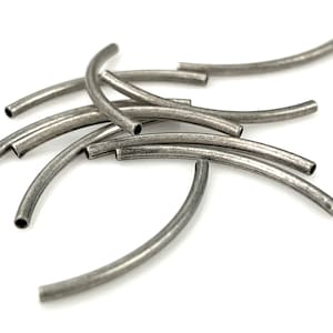 10 pcs Antique Silver Smooth Curved Metal Tube Beads for Jewelry Making, 20 x 1mm Silver Plate Noodle Beads, Long Narrow Silver Tube Spacers