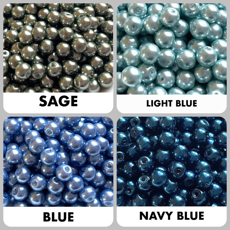 May include: A collection of four groups of round, smooth, lustrous beads in sage, light blue, blue, and navy blue. Each section is labeled with its respective color name: SAGE, LIGHT BLUE, BLUE, and NAVY BLUE, displayed in bold text.