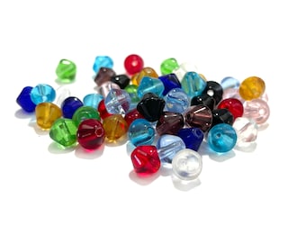 50 Pcs Assorted Glass Beads, Jewelry Supplies, 6mm Smooth Bicones, Red Pink Green Blue Black Clear Gold Purple, Bracelet Beads, 0.8mm Hole