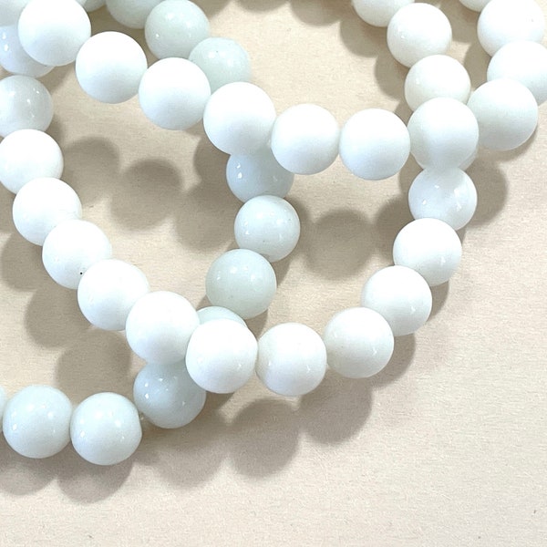 50 Pcs White Glass Beads for Jewelry Making, 8mm Shiny White, Matte White or Milk Glass, Necklace or Bracelet Beads, 1mm Hole