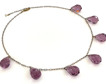 Antique Purple Glass Choker for Women, 20s Art Deco Jewelry, 16" Czech Brass Paperclip Chain Necklace, Faceted Dangling Teardrop Briolettes