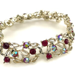 Lisner Rhinestone Bracelet for Women, 60s Vintage Jewelry, 7.5" Gold Link Bracelet with Clear & AB Siam Red Glass Stones, Hinged Clip Clasp